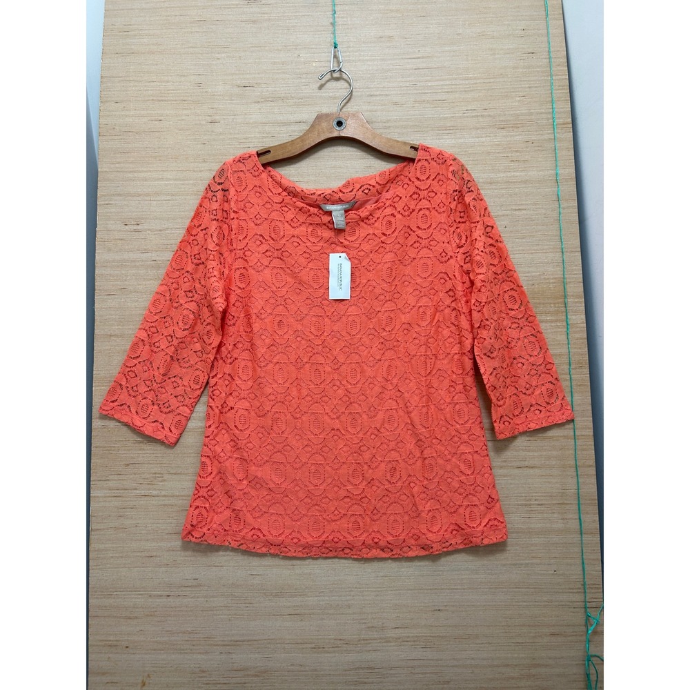 Banana Republic Women 12 Coral Orange Floral‎ Lace 3/4 Sleeve Boat Neck Top NEW